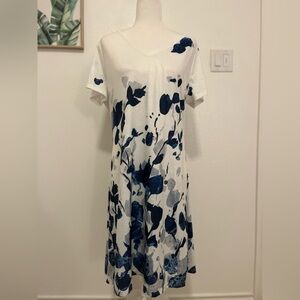White V-Neck Floral Midi Dress with Blue Accents